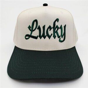 St. Patrick's Day "Lucky" Embroidered 5 Panel Snapback Hat Green Beige Irish Cap